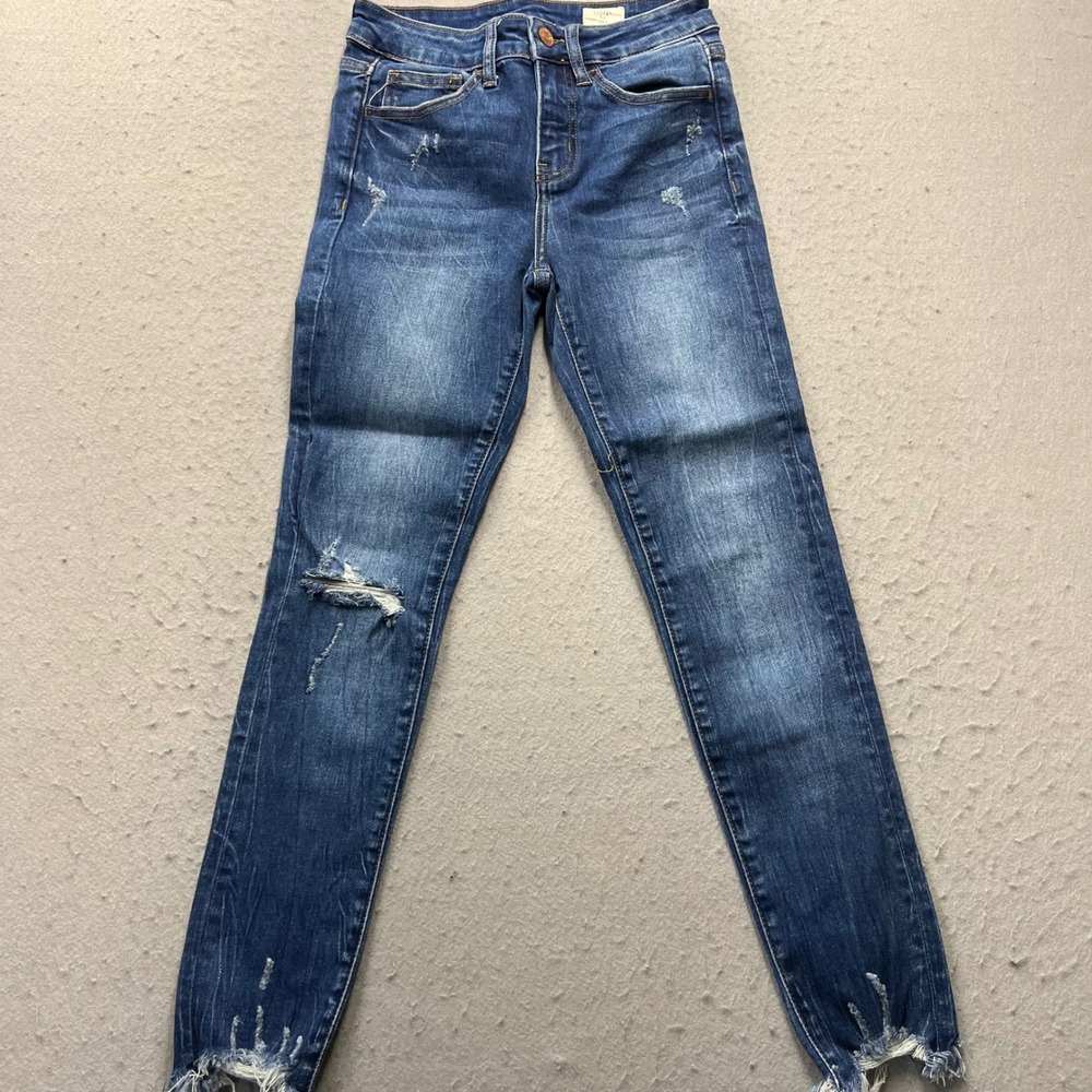 Bridge by Gly Mid Rise Ankle Skinny Jeans Distressed Blue Raw Hem Womens Size 25